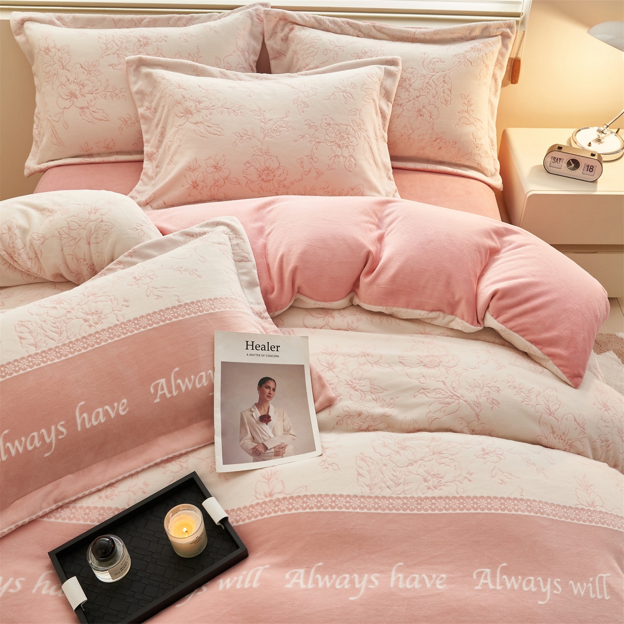 91家纺网 家纺一手货源 找家纺 恒爱家纺 2025新款牛奶绒立体剪花四件套 单边花漾-粉色