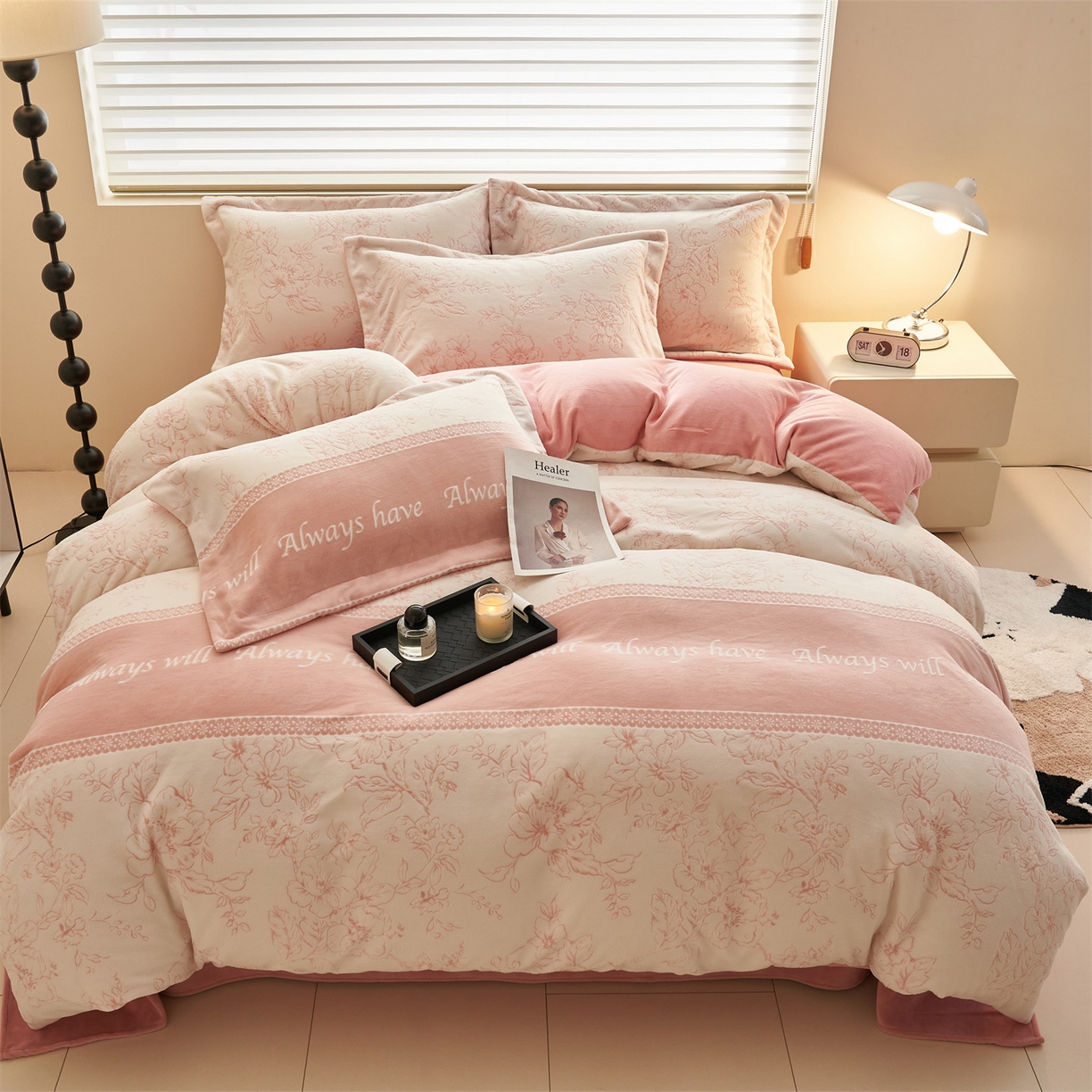 91家纺网 家纺一手货源 找家纺 恒爱家纺 2025新款牛奶绒立体剪花四件套 单边花漾-粉色