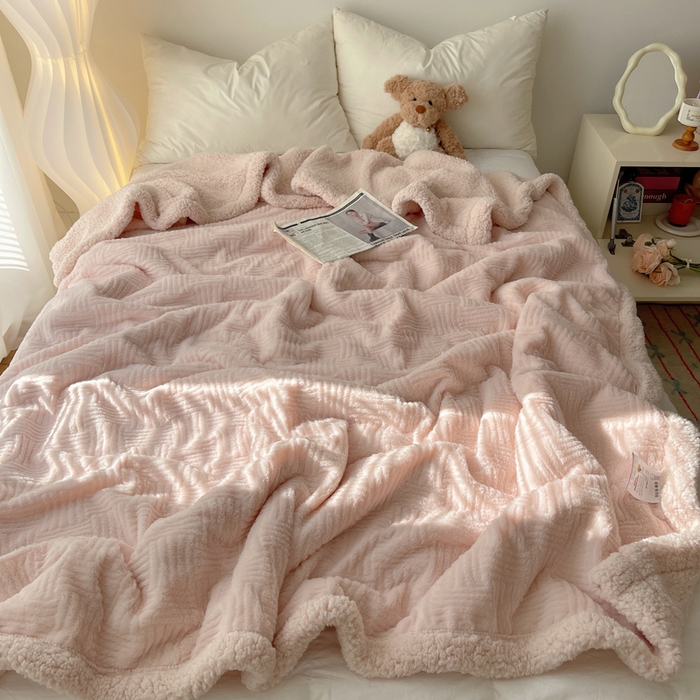 91家纺网 家纺一手货源 找家纺 顾里家纺 2025新款韩系提花兔毛绒毯毛毯毯子 仙女粉