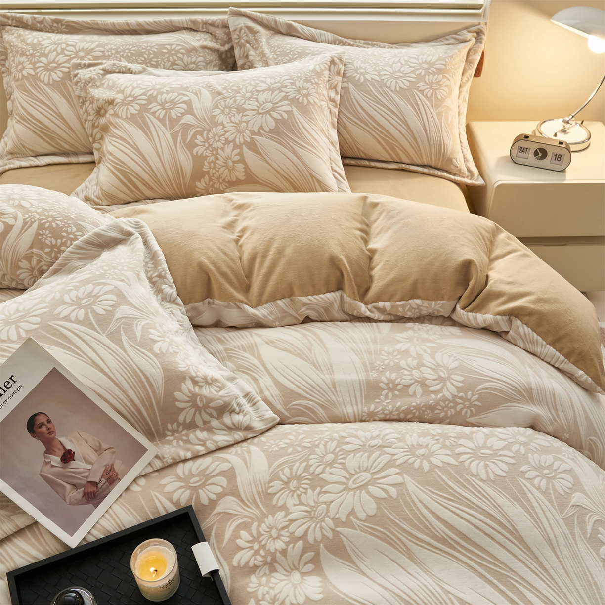 91家纺网 家纺一手货源 找家纺 恒爱家纺 2025新款牛奶绒立体剪花四件套 馥雅-浅咖