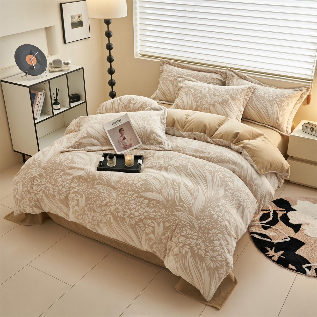 91家纺网 家纺一手货源 找家纺 恒爱家纺 2025新款牛奶绒立体剪花四件套 馥雅-浅咖