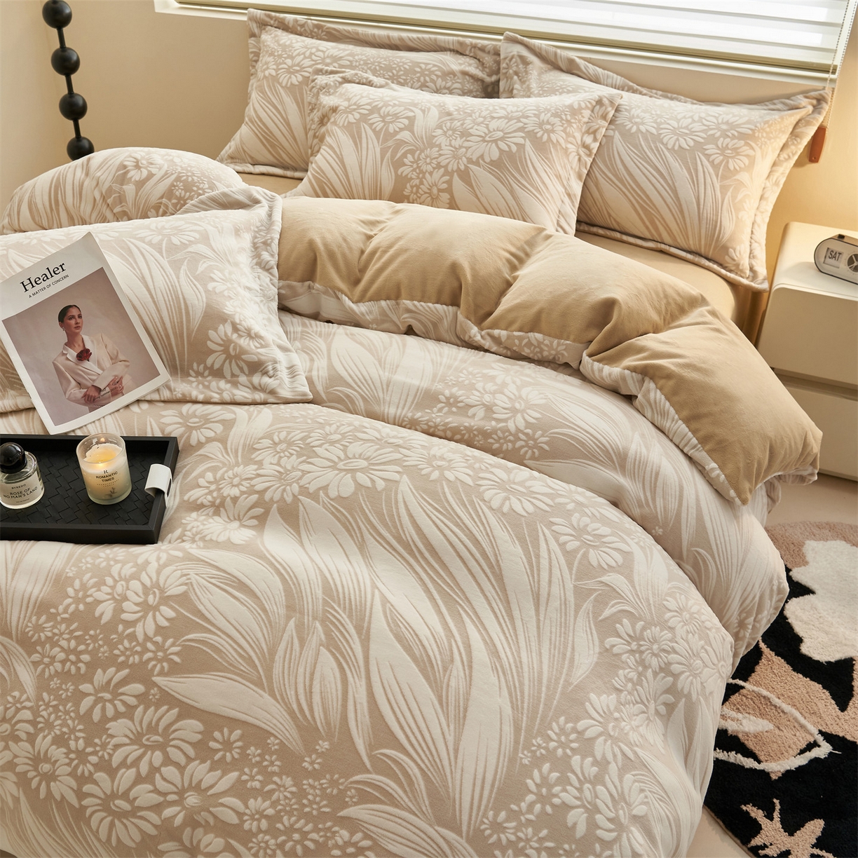 91家纺网 家纺一手货源 找家纺 恒爱家纺 2025新款牛奶绒立体剪花四件套 馥雅-浅咖