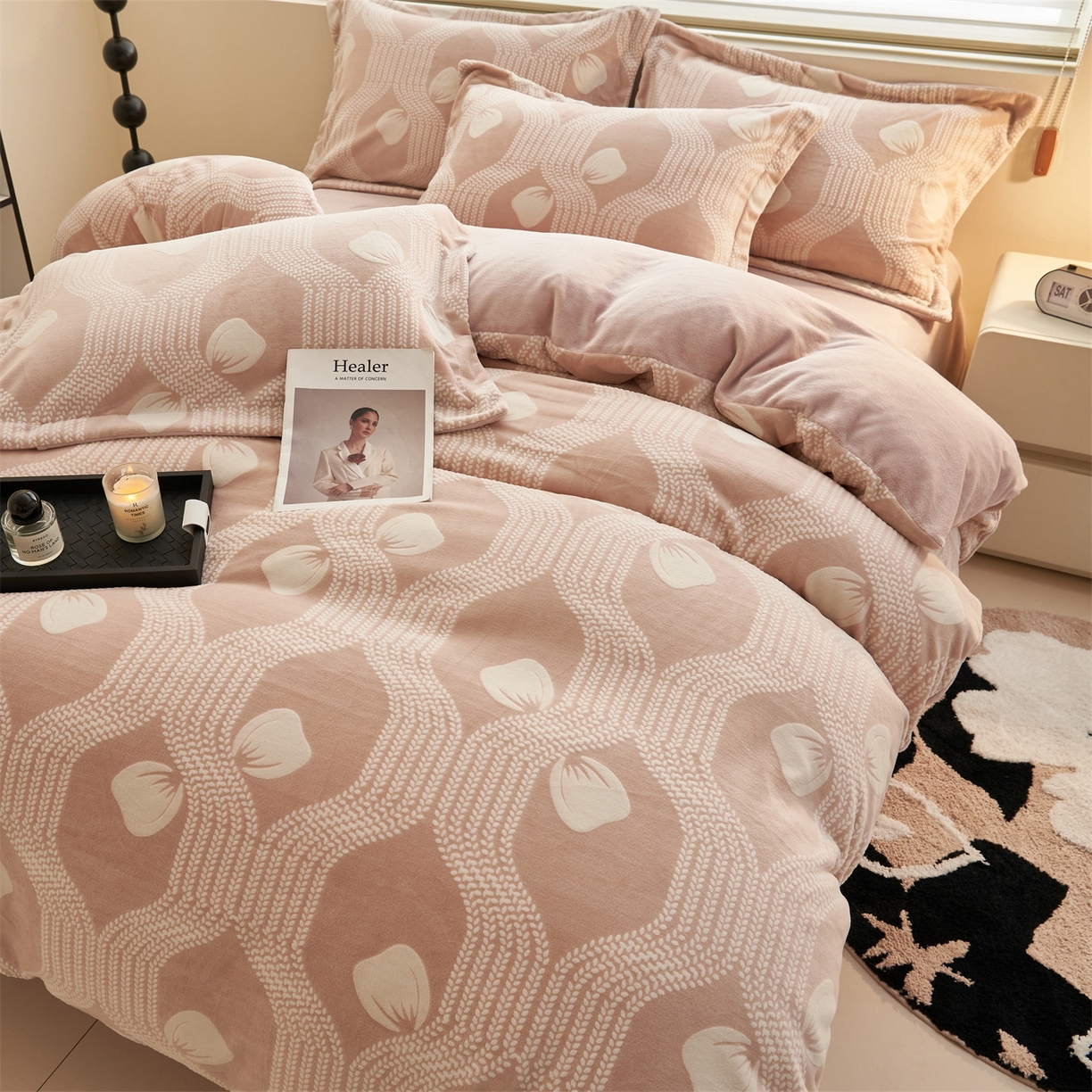 91家纺网 家纺一手货源 找家纺 恒爱家纺 2025新款牛奶绒立体剪花四件套 橞郁而安