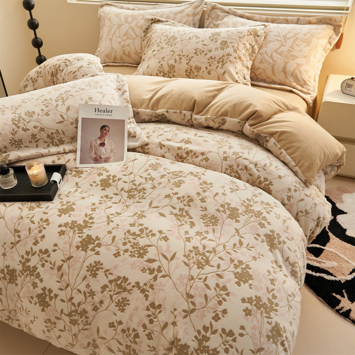 91家纺网 家纺一手货源 找家纺 恒爱家纺 2025新款牛奶绒立体剪花四件套 漫步时光-浅咖