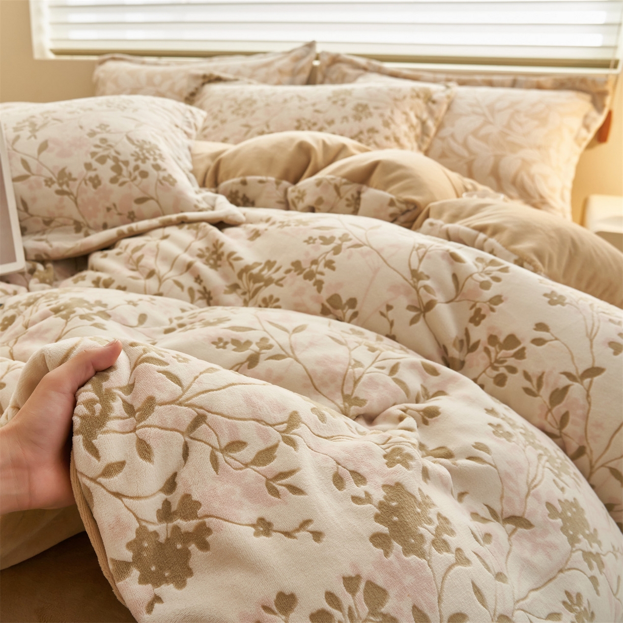 91家纺网 家纺一手货源 找家纺 恒爱家纺 2025新款牛奶绒立体剪花四件套 漫步时光-浅咖