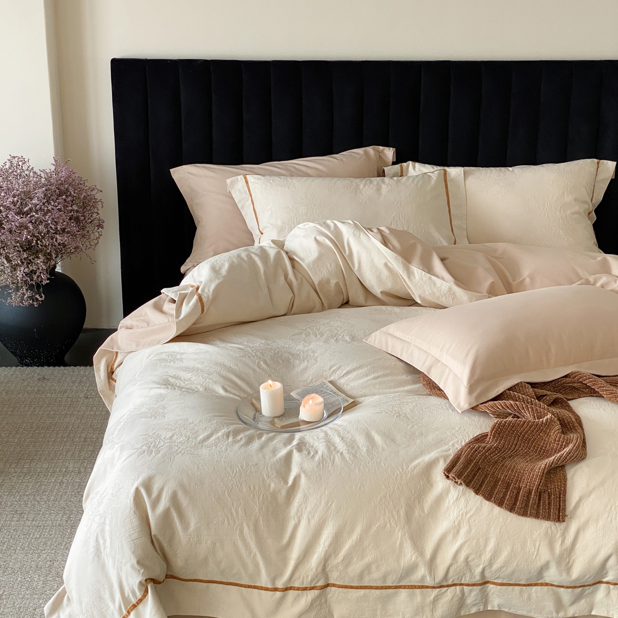 91家纺网 家纺一手货源 找家纺 玉宇阁家居 2025新款色织空气大提花磨毛四件套-工艺款 磨毛款-白茶氤氲