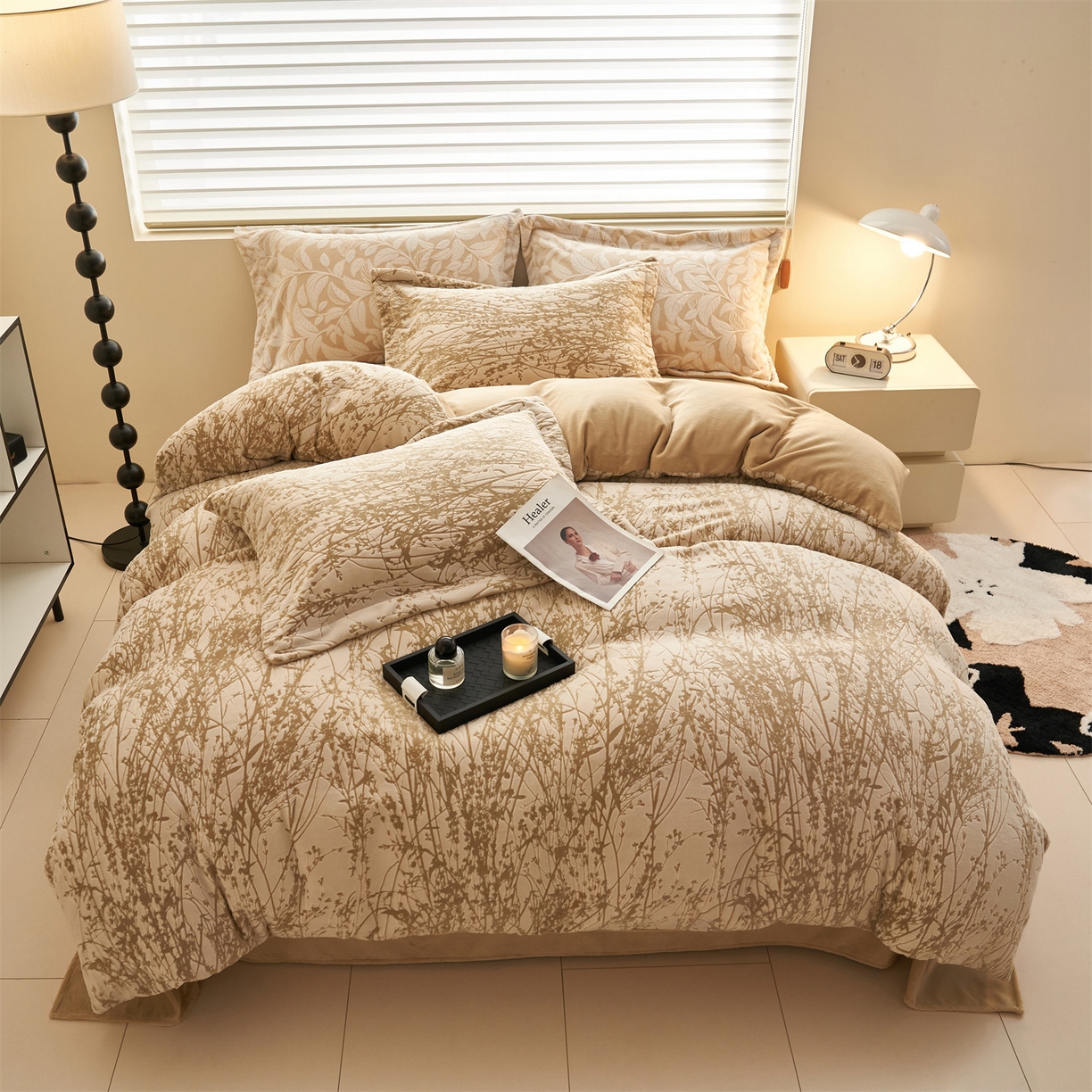 91家纺网 家纺一手货源 找家纺 恒爱家纺 2025新款牛奶绒立体剪花四件套 写意风情-咖啡