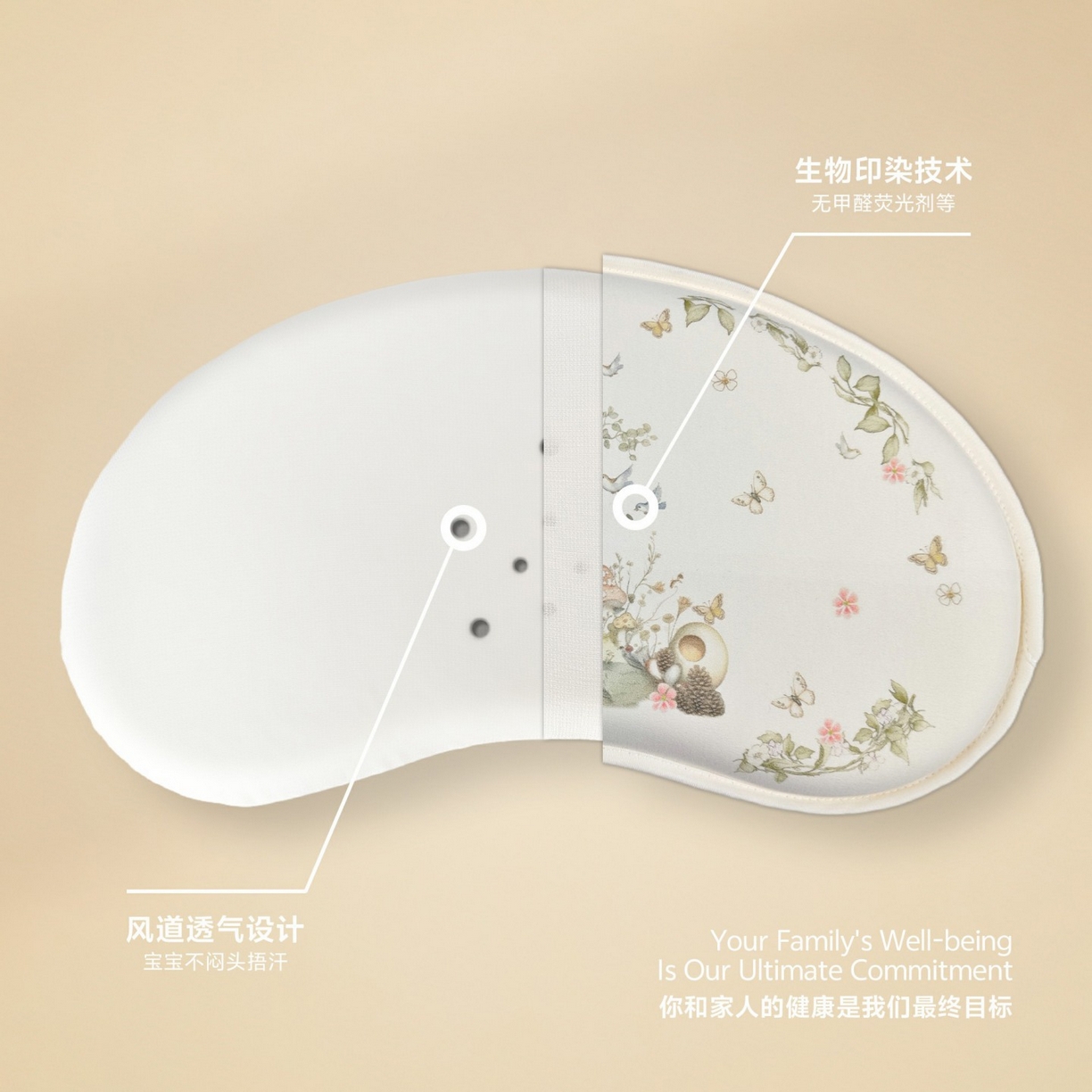 91家纺网 家纺一手货源 找家纺 小猫派 2025秋冬月牙型北欧风儿童枕可水洗亲水棉枕芯 泰迪熊一家