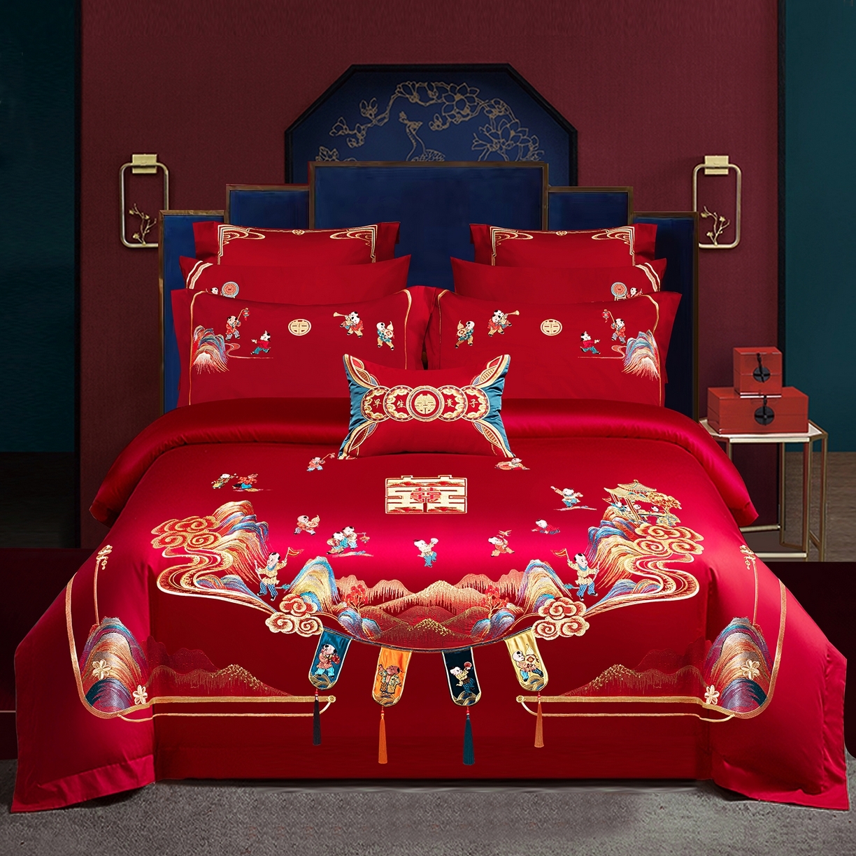 91家纺网 家纺一手货源 找家纺 （总）柏拉图 2025新款100s长绒棉贡缎提花重工艺刺绣婚庆四件套多件套