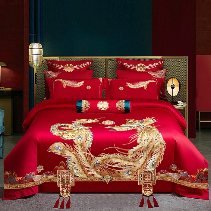 91家纺网 家纺一手货源 找家纺 （总）柏拉图 2025新款100s长绒棉贡缎提花重工艺刺绣婚庆四件套多件套