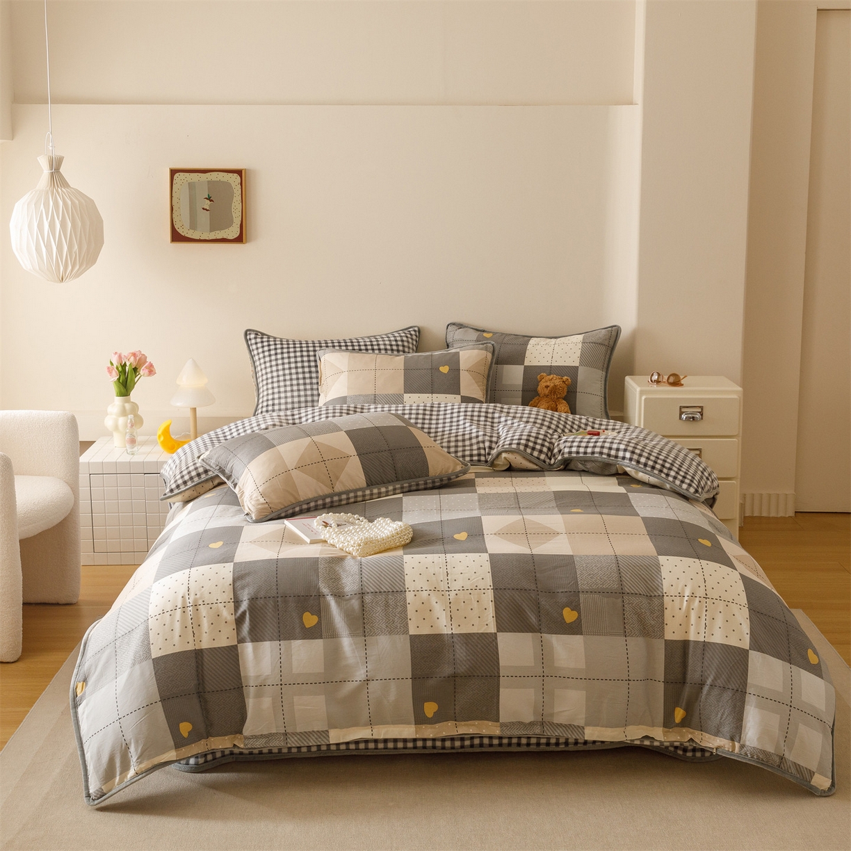 红粉佳人家纺 2025新款A类棉加绒印花四件套 积木格子