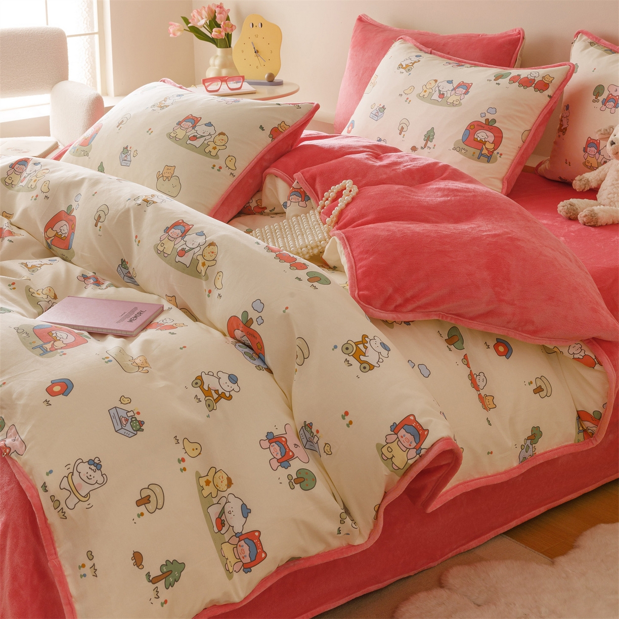 91家纺网 家纺一手货源 找家纺 红粉佳人家纺 2025新款A类棉加绒印花四件套 开心家园