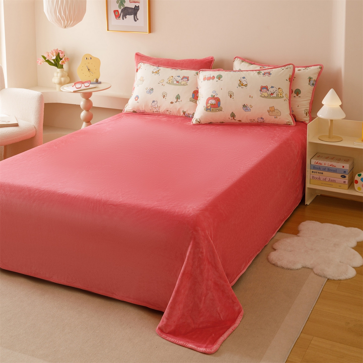 91家纺网 家纺一手货源 找家纺 红粉佳人家纺 2025新款A类棉加绒印花四件套 开心家园