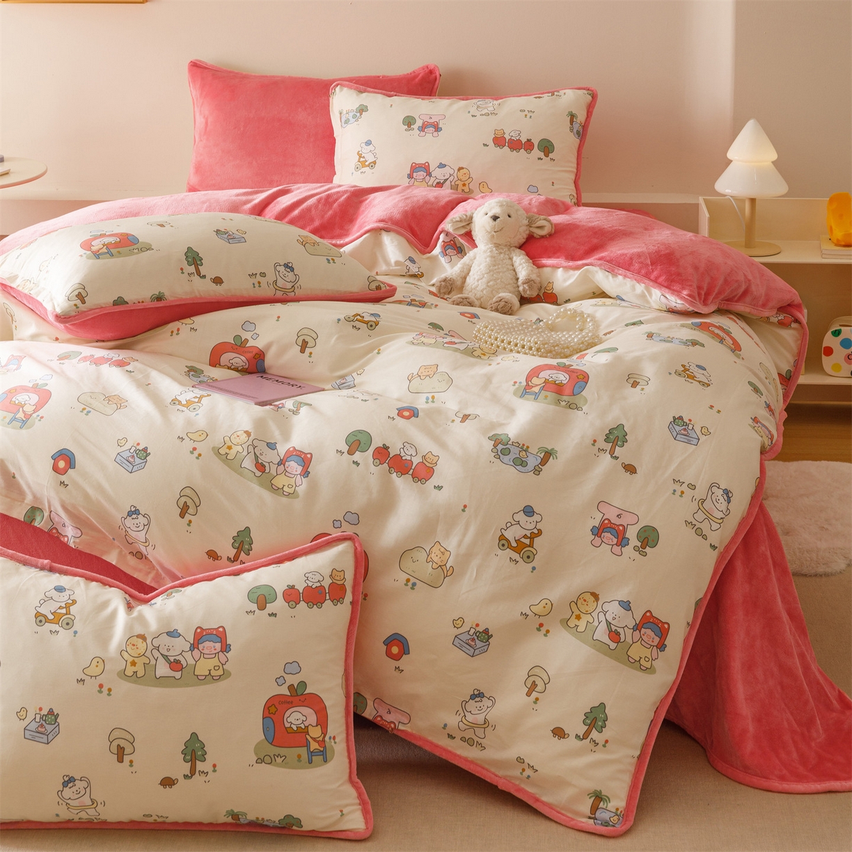 91家纺网 家纺一手货源 找家纺 红粉佳人家纺 2025新款A类棉加绒印花四件套 开心家园