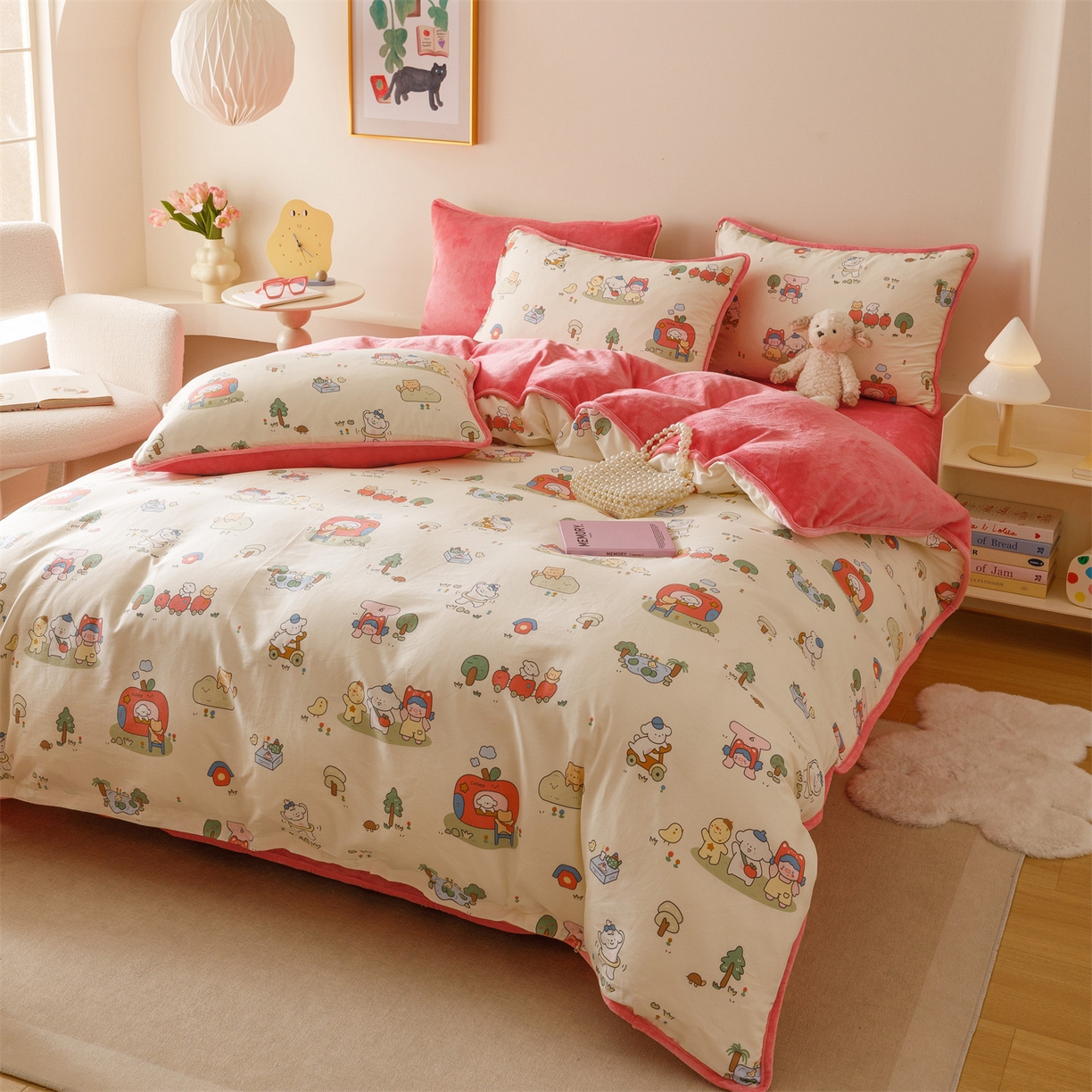 91家纺网 家纺一手货源 找家纺 红粉佳人家纺 2025新款A类棉加绒印花四件套 开心家园