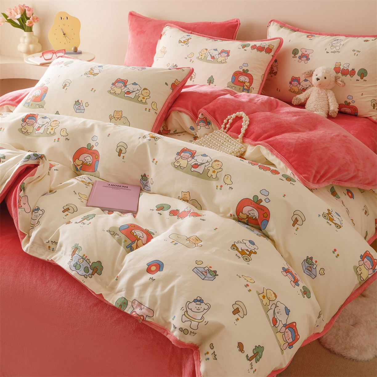 91家纺网 家纺一手货源 找家纺 红粉佳人家纺 2025新款A类棉加绒印花四件套 开心家园