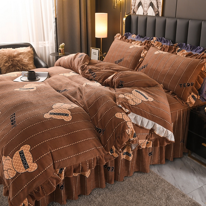 睡美人 2025新款韩版印花牛奶绒床裙款四件套 贝贝熊-咖