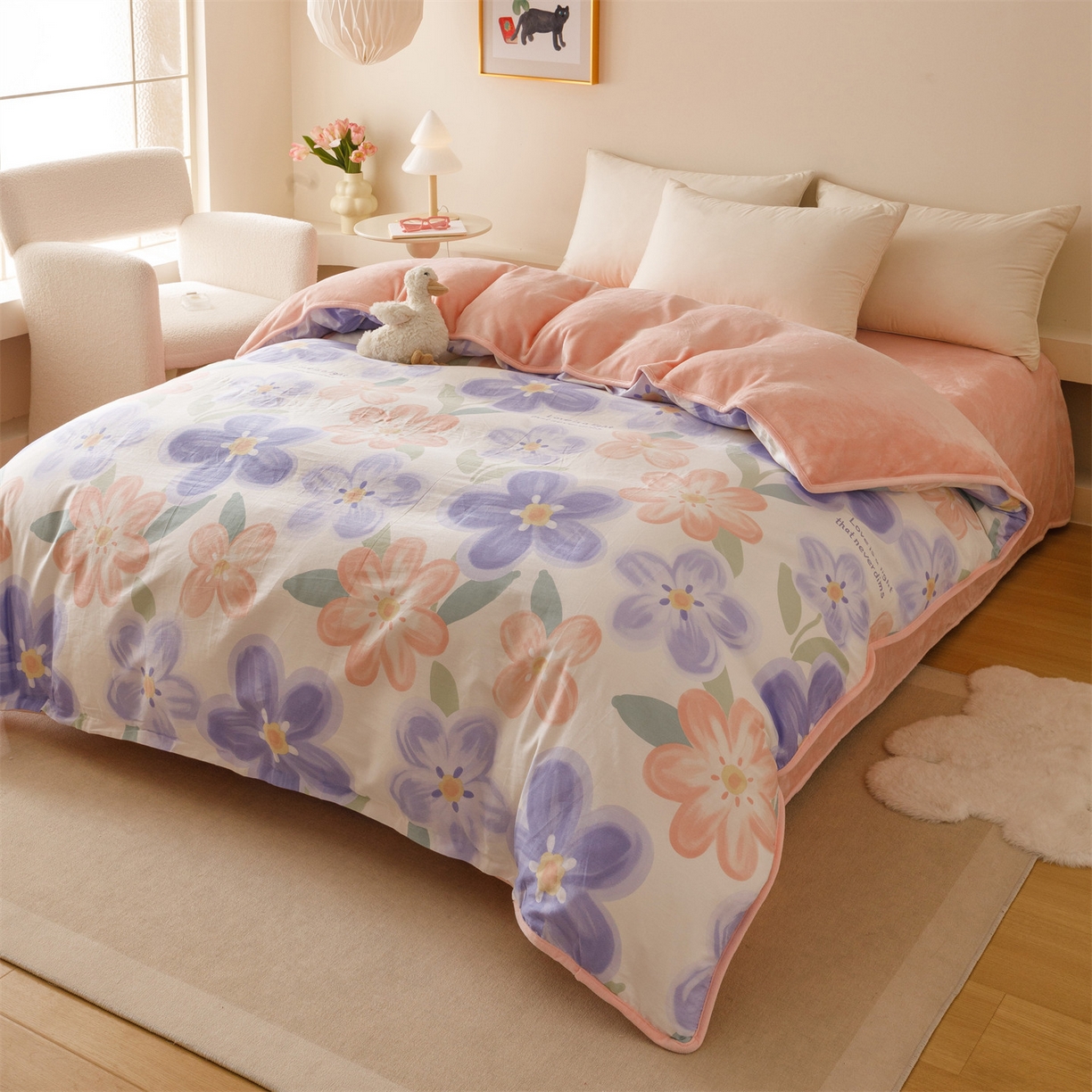 91家纺网 家纺一手货源 找家纺 红粉佳人家纺 2025新款A类棉加绒印花四件套 梦幻花海