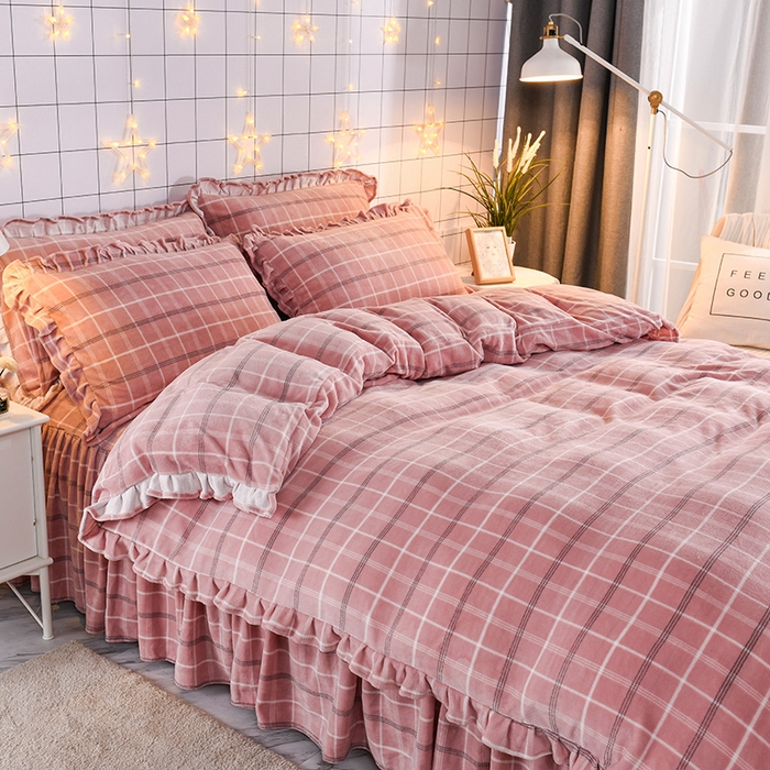 睡美人 2025新款韩版印花牛奶绒床裙款四件套 格调豆沙