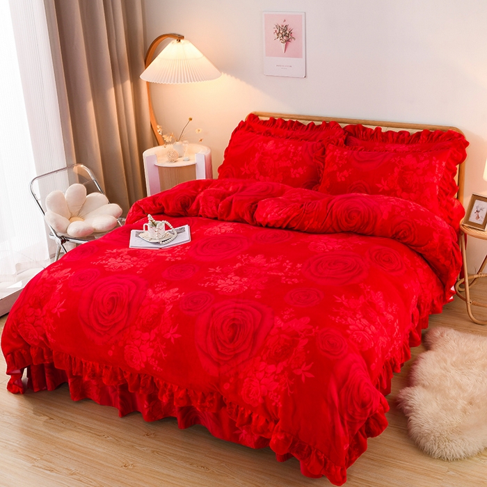 91家纺网 家纺一手货源 找家纺 睡美人 2025新款韩版印花牛奶绒床裙款四件套 玫瑰情缘