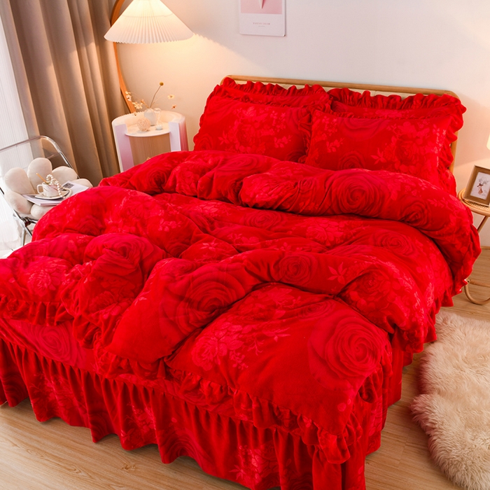 91家纺网 家纺一手货源 找家纺 睡美人 2025新款韩版印花牛奶绒床裙款四件套 玫瑰情缘