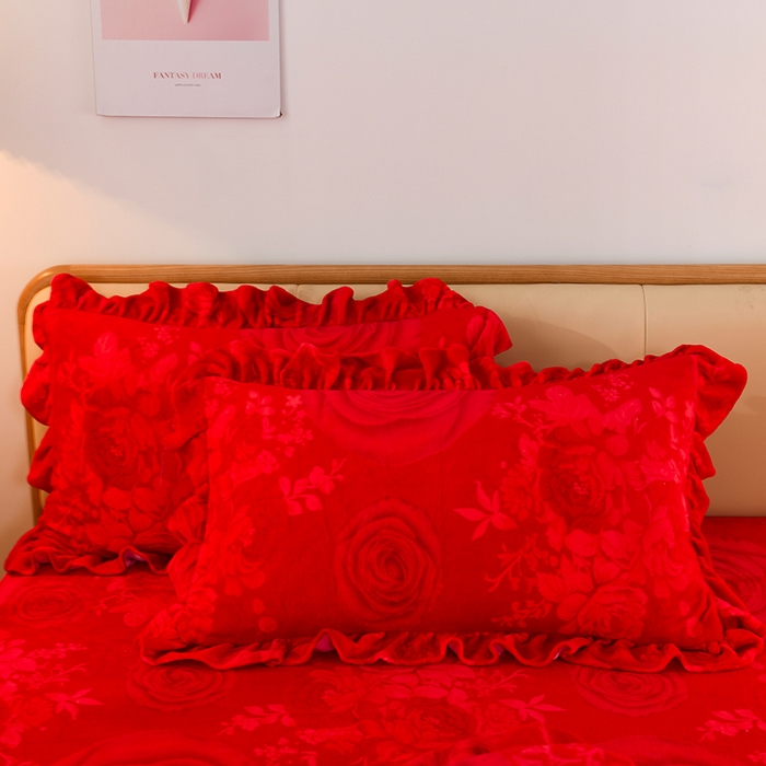 91家纺网 家纺一手货源 找家纺 睡美人 2025新款韩版印花牛奶绒床裙款四件套 玫瑰情缘