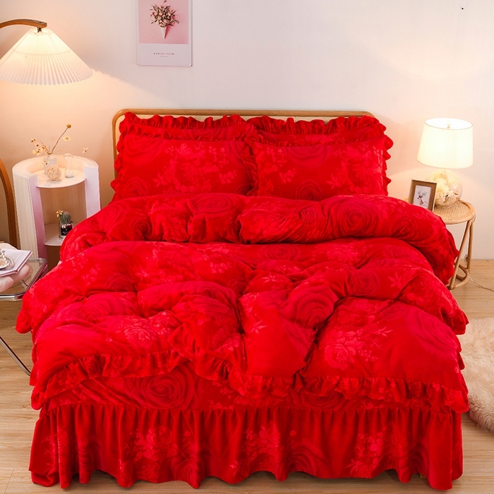 91家纺网 家纺一手货源 找家纺 睡美人 2025新款韩版印花牛奶绒床裙款四件套 玫瑰情缘