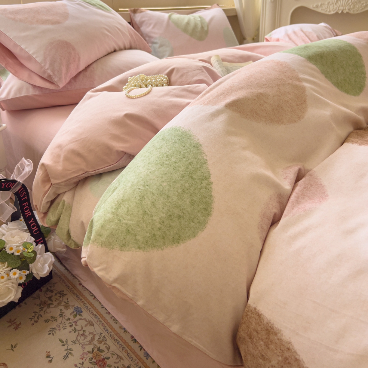 91家纺网 家纺一手货源 找家纺 田野 2025新款全棉13360加厚磨毛印花四件套 爱你-粉