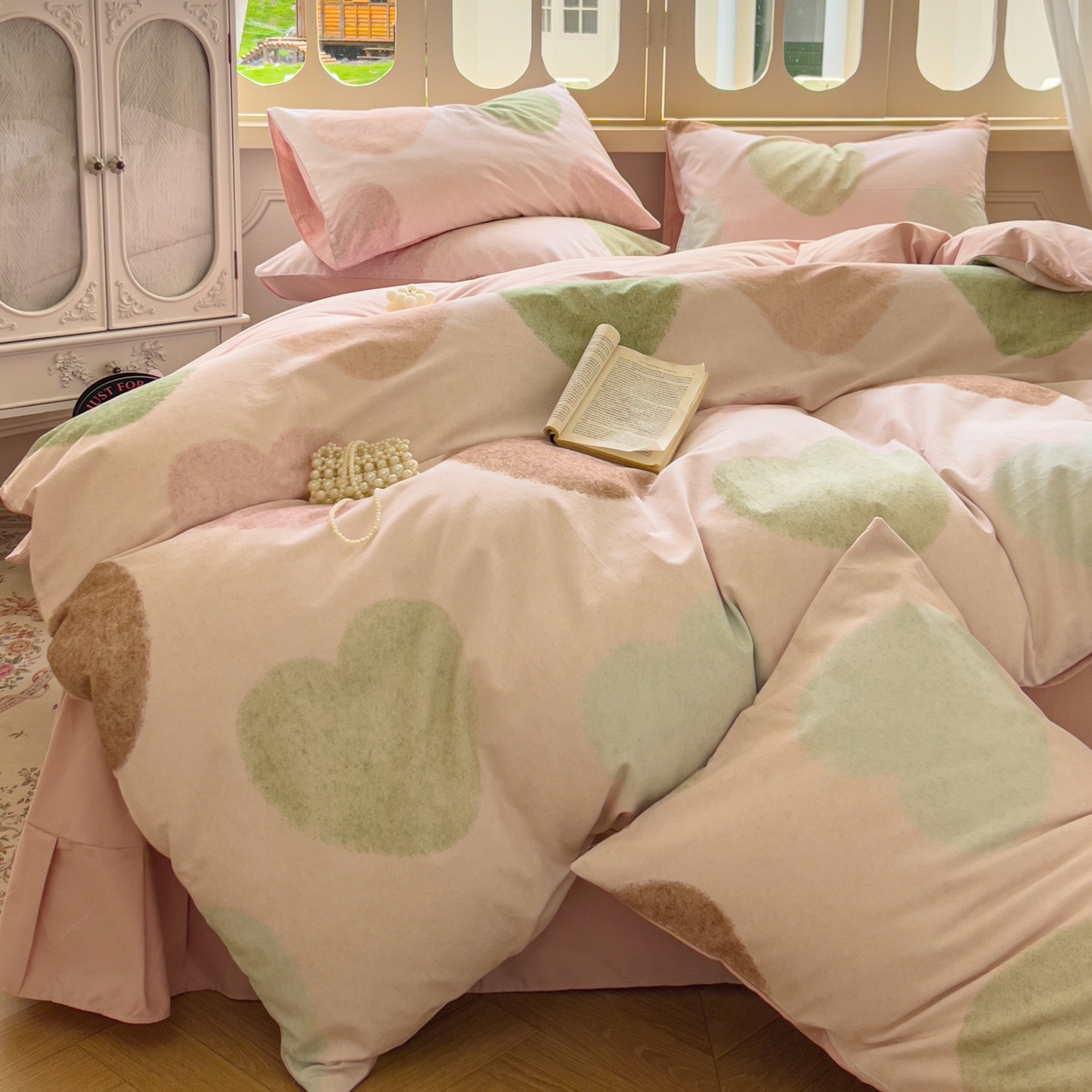 91家纺网 家纺一手货源 找家纺 田野 2025新款全棉13360加厚磨毛印花四件套 爱你-粉