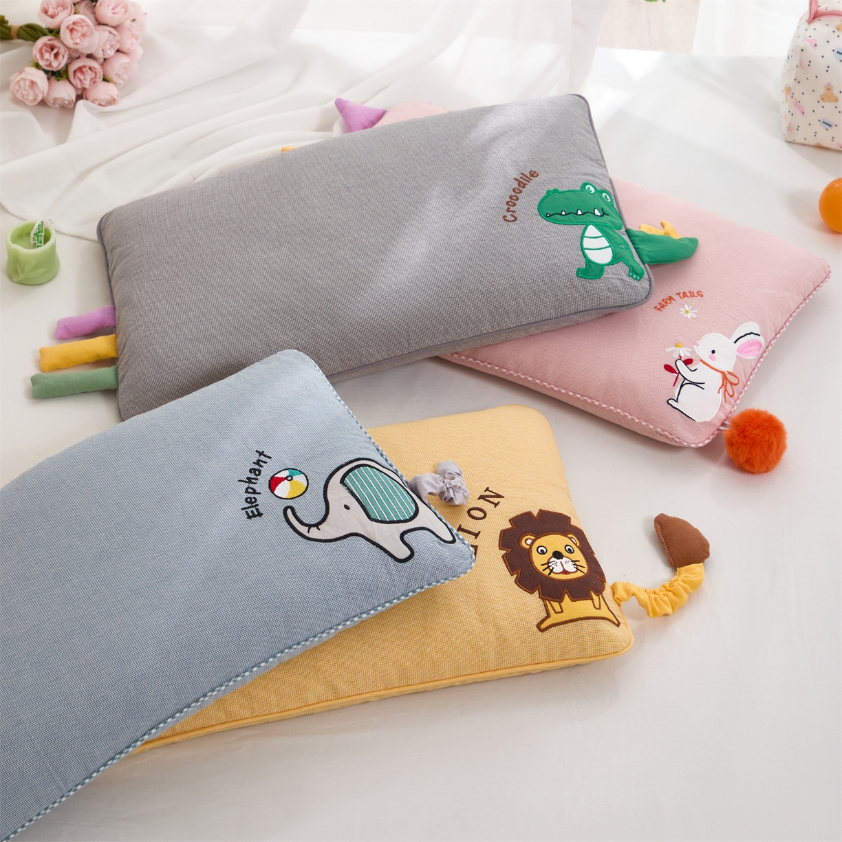 芯洲 2025新款全棉提花儿荞麦枕儿童卡通贴布绣款可爱动物派对枕头枕芯 组合图