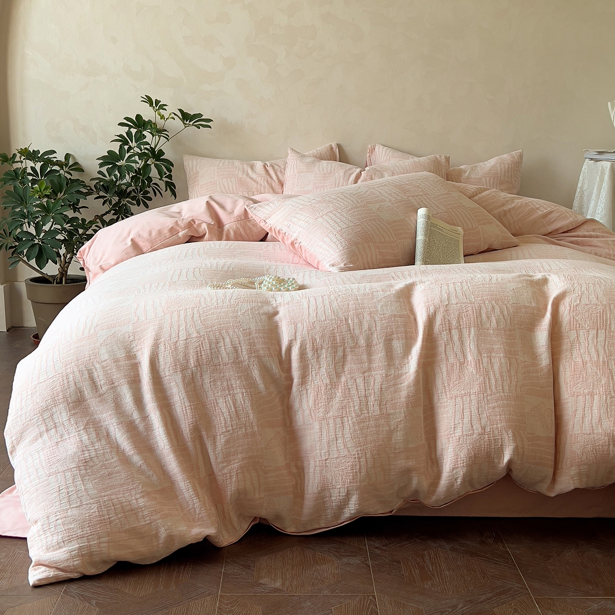 田野 2025新款全棉三层纱提花磨毛系列四件套 梦境之翼-粉