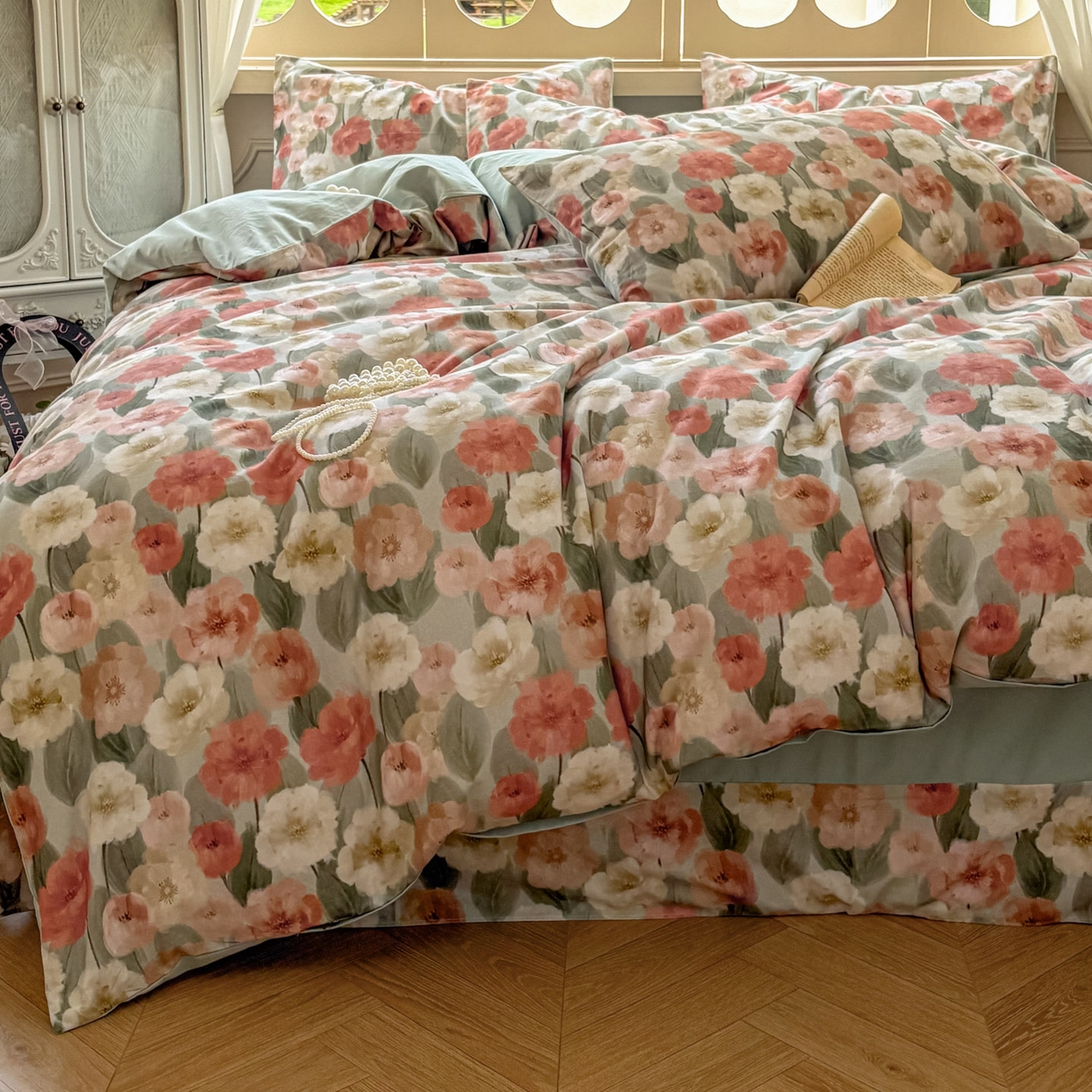 91家纺网 家纺一手货源 找家纺 田野 2025新款全棉13360加厚磨毛印花四件套 朵唯-绿