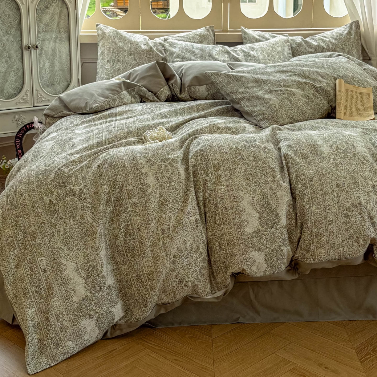 91家纺网 家纺一手货源 找家纺 田野 2025新款全棉13360加厚磨毛印花四件套 菲雅-灰