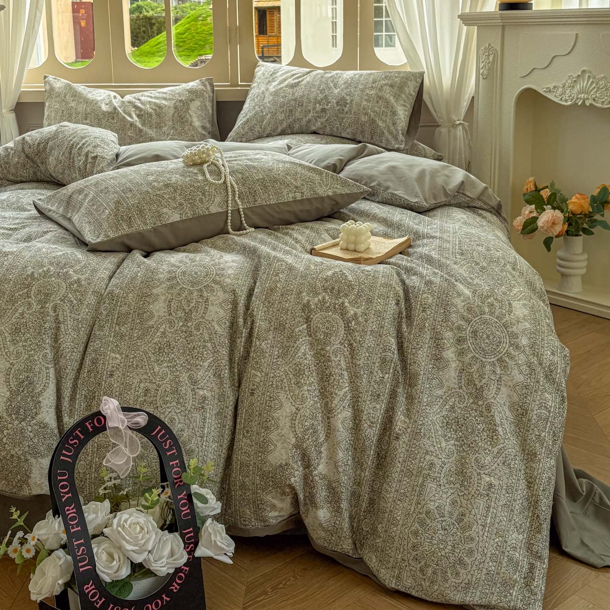 91家纺网 家纺一手货源 找家纺 田野 2025新款全棉13360加厚磨毛印花四件套 菲雅-灰