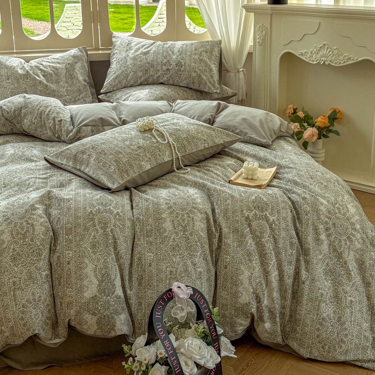 91家纺网 家纺一手货源 找家纺 田野 2025新款全棉13360加厚磨毛印花四件套 菲雅-灰