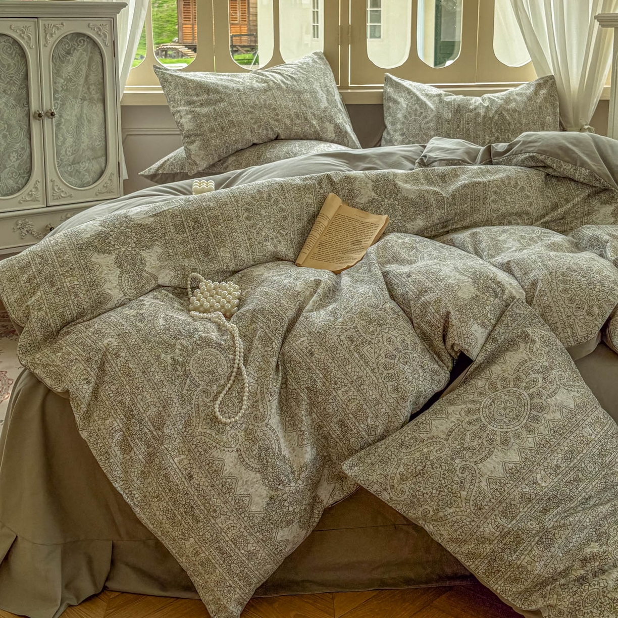 91家纺网 家纺一手货源 找家纺 田野 2025新款全棉13360加厚磨毛印花四件套 菲雅-灰