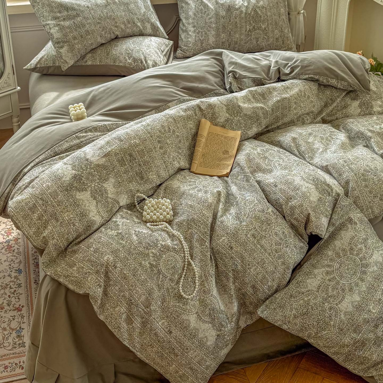 91家纺网 家纺一手货源 找家纺 田野 2025新款全棉13360加厚磨毛印花四件套 菲雅-灰