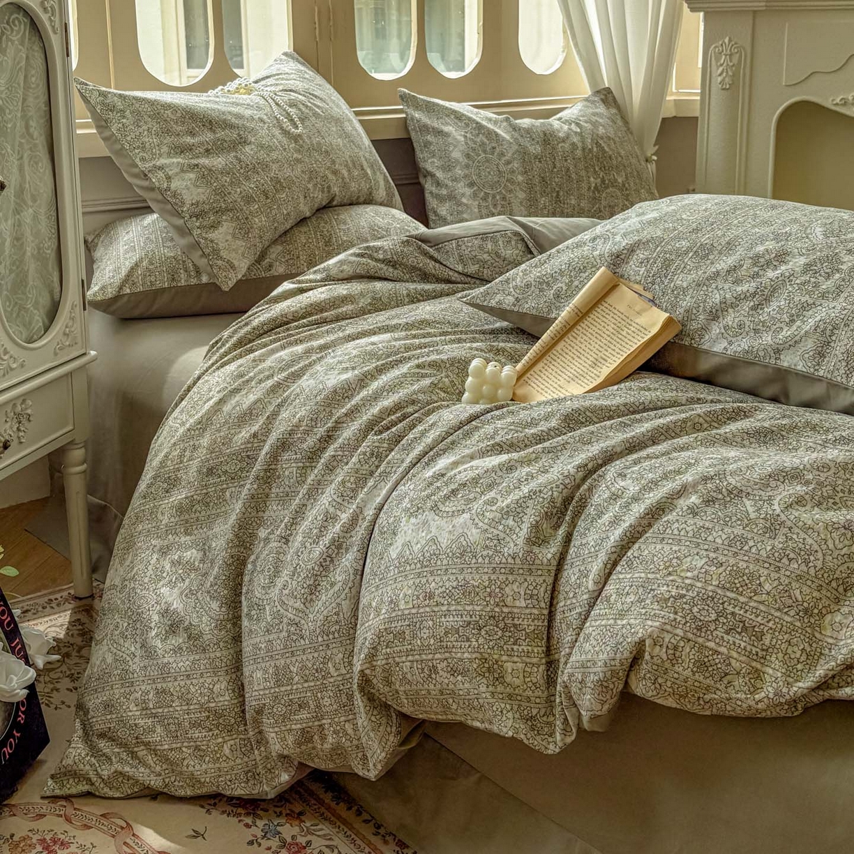 91家纺网 家纺一手货源 找家纺 田野 2025新款全棉13360加厚磨毛印花四件套 菲雅-灰