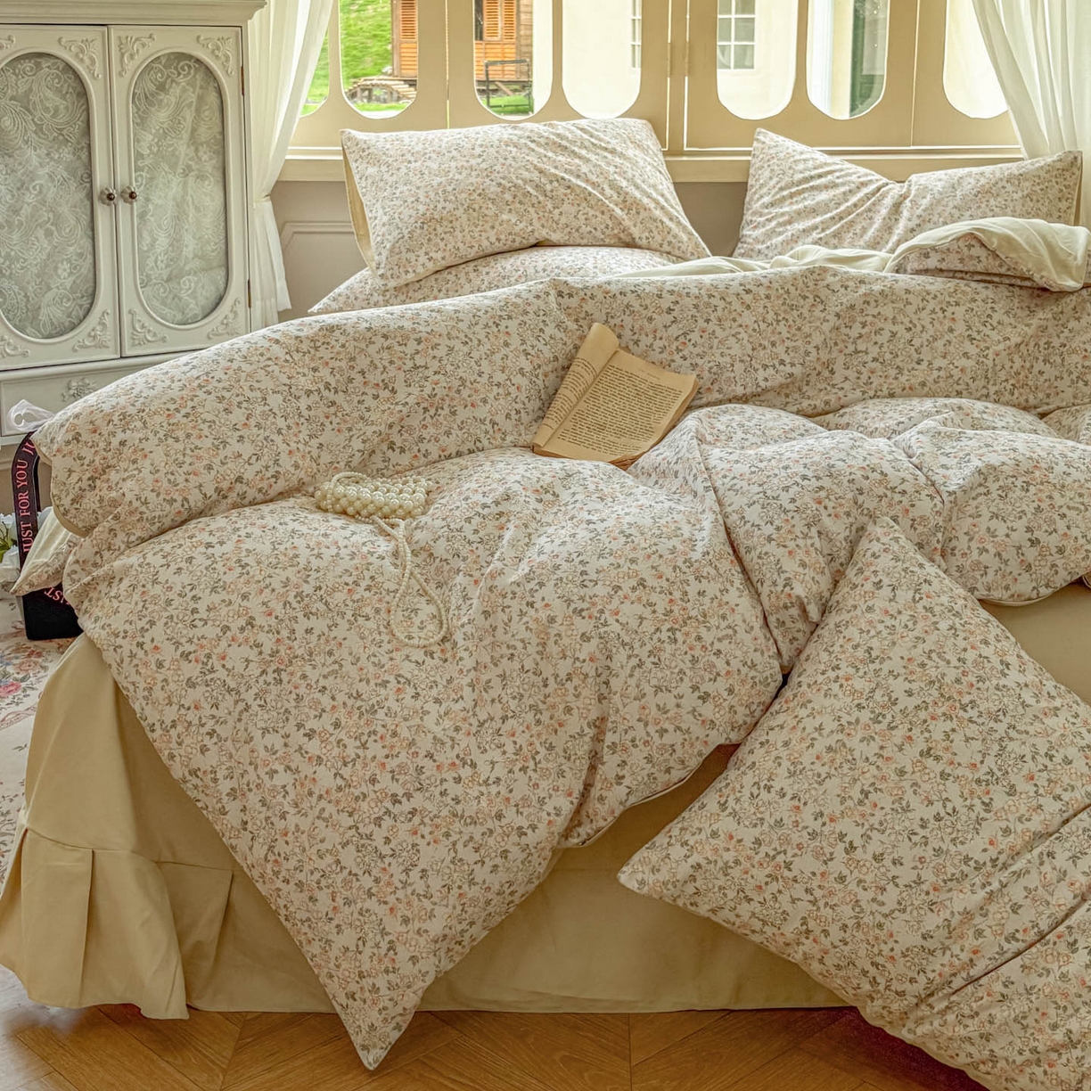 91家纺网 家纺一手货源 找家纺 田野 2025新款全棉13360加厚磨毛印花四件套 浪漫人生-米