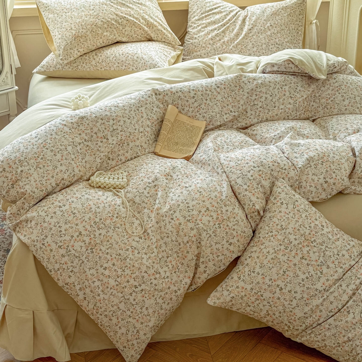 91家纺网 家纺一手货源 找家纺 田野 2025新款全棉13360加厚磨毛印花四件套 浪漫人生-米