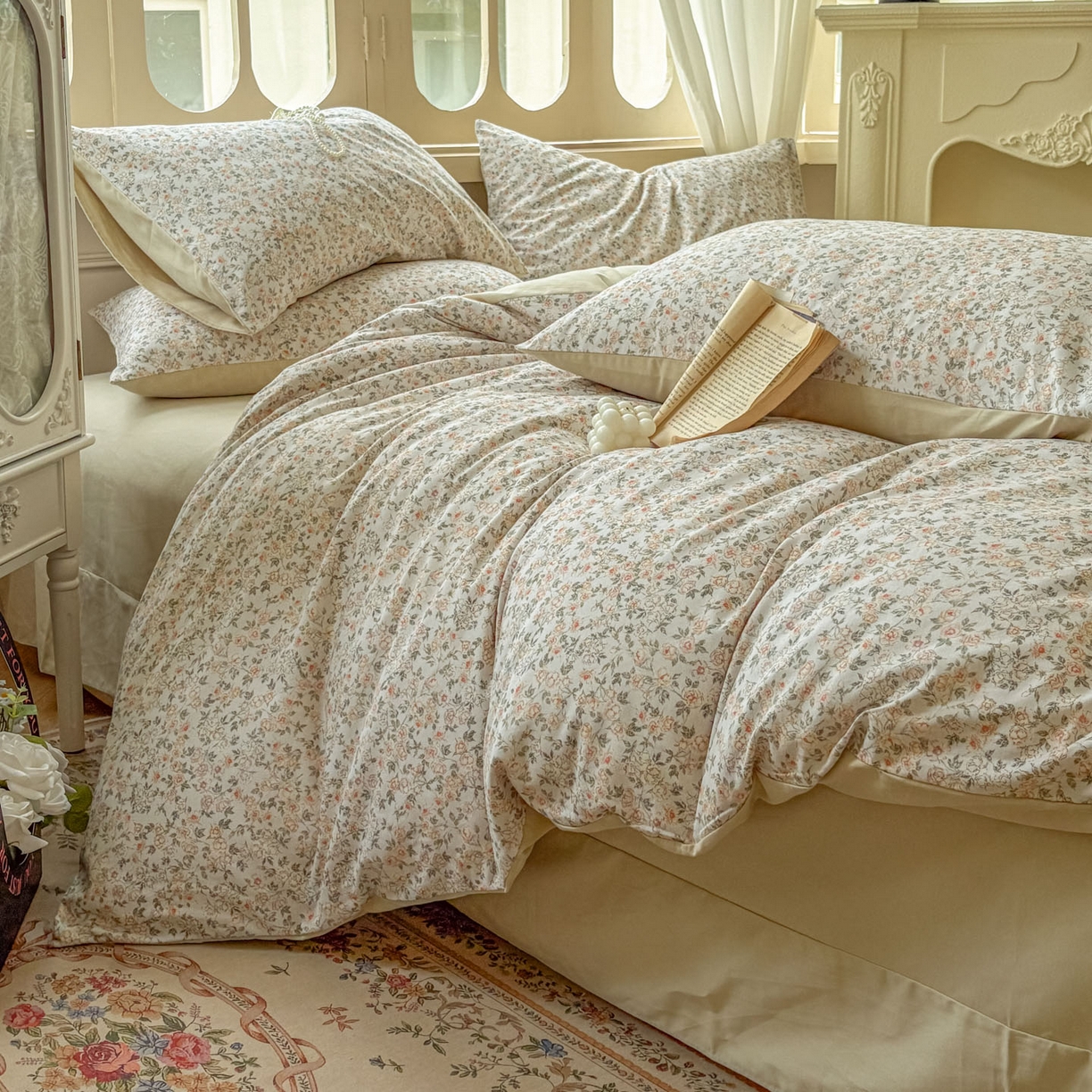 91家纺网 家纺一手货源 找家纺 田野 2025新款全棉13360加厚磨毛印花四件套 浪漫人生-米