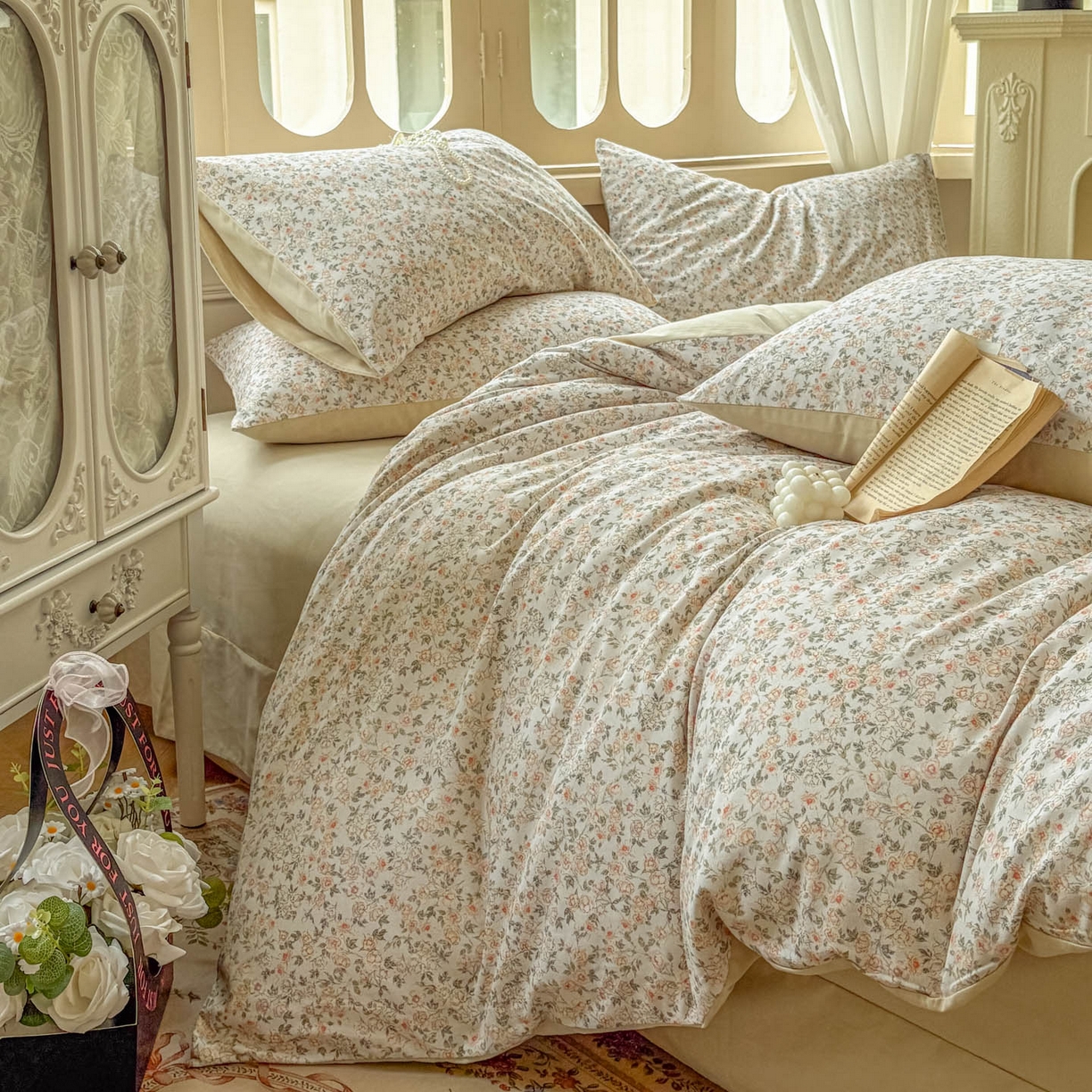 91家纺网 家纺一手货源 找家纺 田野 2025新款全棉13360加厚磨毛印花四件套 浪漫人生-米