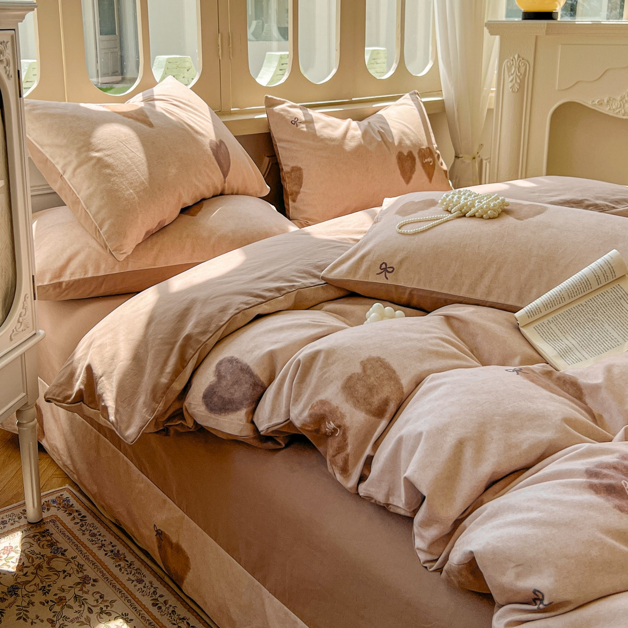 91家纺网 家纺一手货源 找家纺 田野 2025新款全棉13360加厚磨毛印花四件套 甜心-咖