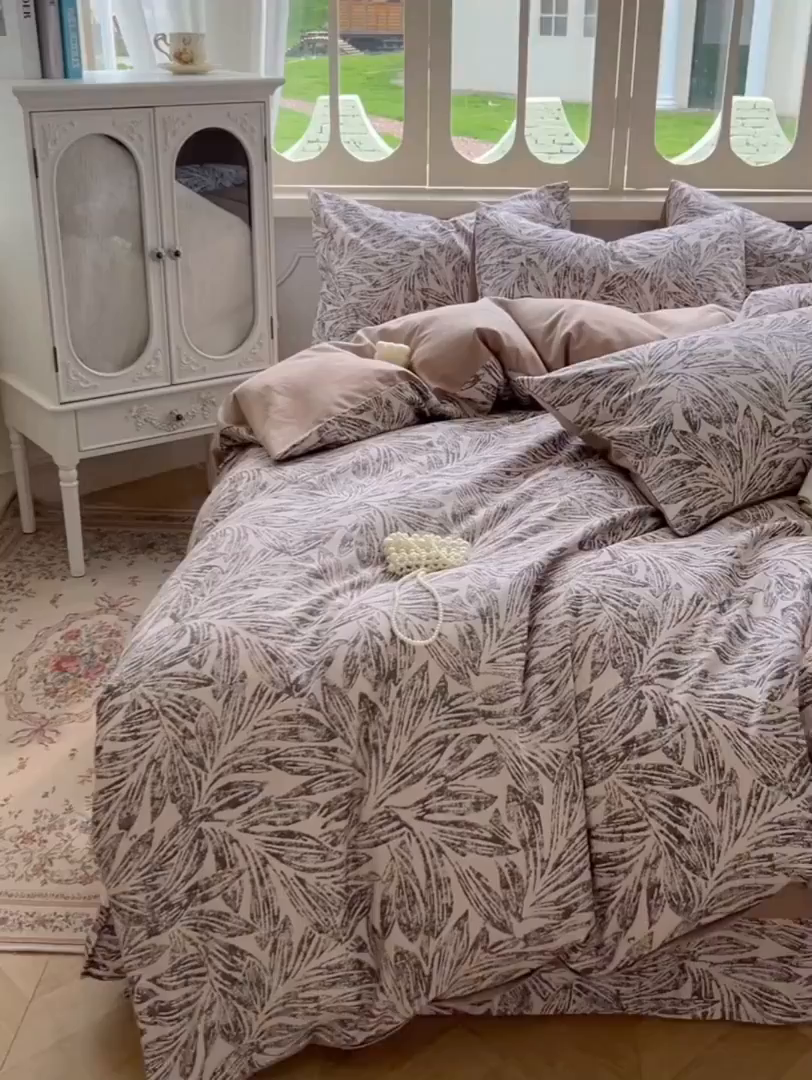 91家纺网 家纺一手货源 找家纺 田野 2025新款全棉13360加厚磨毛印花四件套 雅琪-卡其