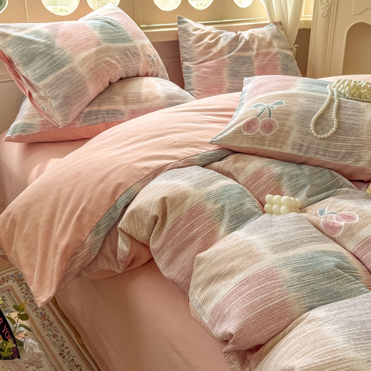 91家纺网 家纺一手货源 找家纺 田野 2025新款全棉13360加厚磨毛印花四件套 樱为你-粉