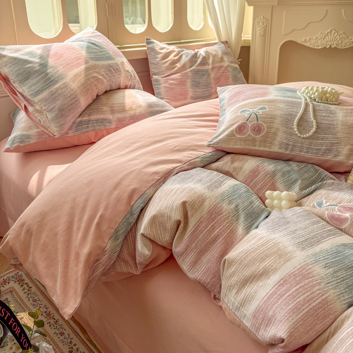 91家纺网 家纺一手货源 找家纺 田野 2025新款全棉13360加厚磨毛印花四件套 樱为你-粉