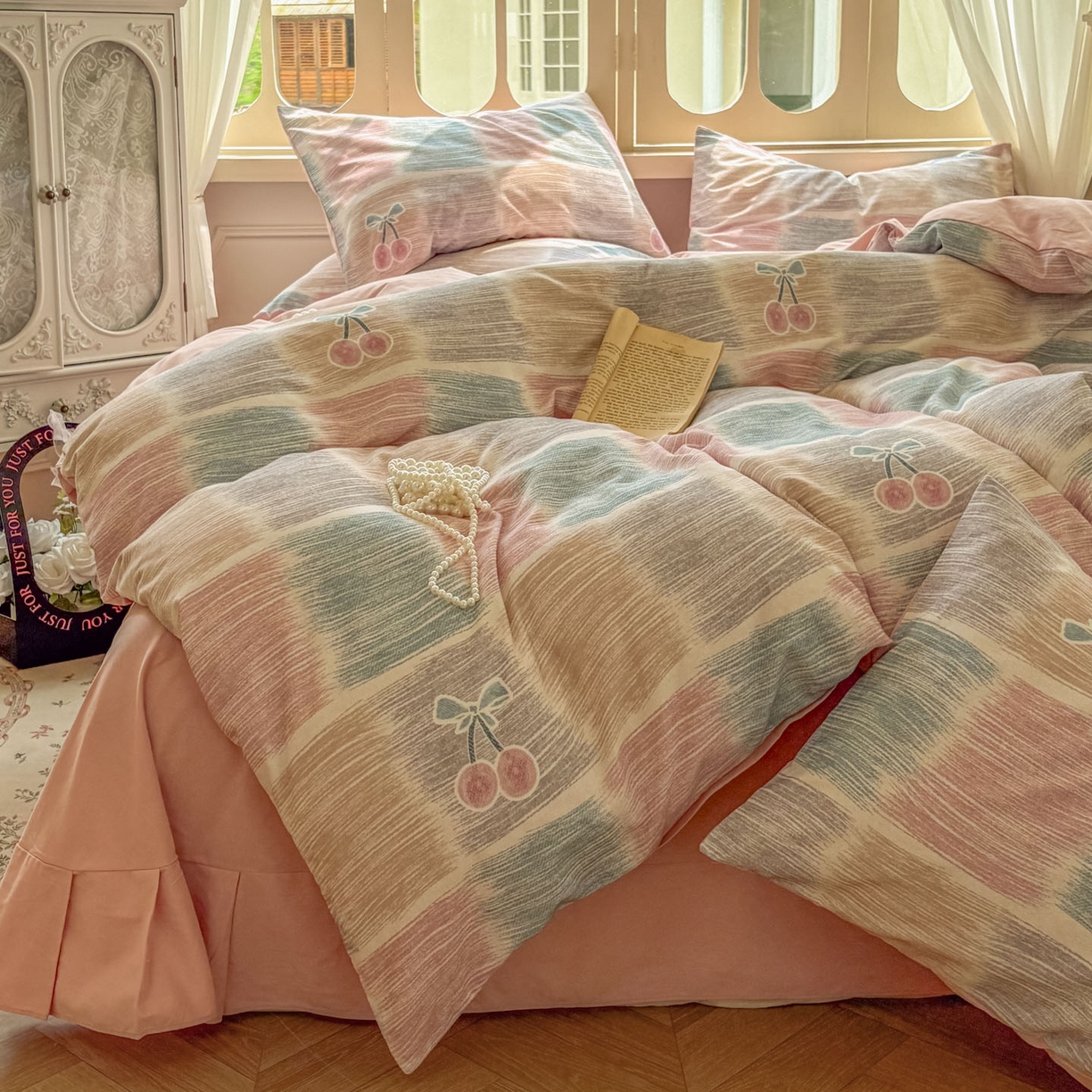 91家纺网 家纺一手货源 找家纺 田野 2025新款全棉13360加厚磨毛印花四件套 樱为你-粉