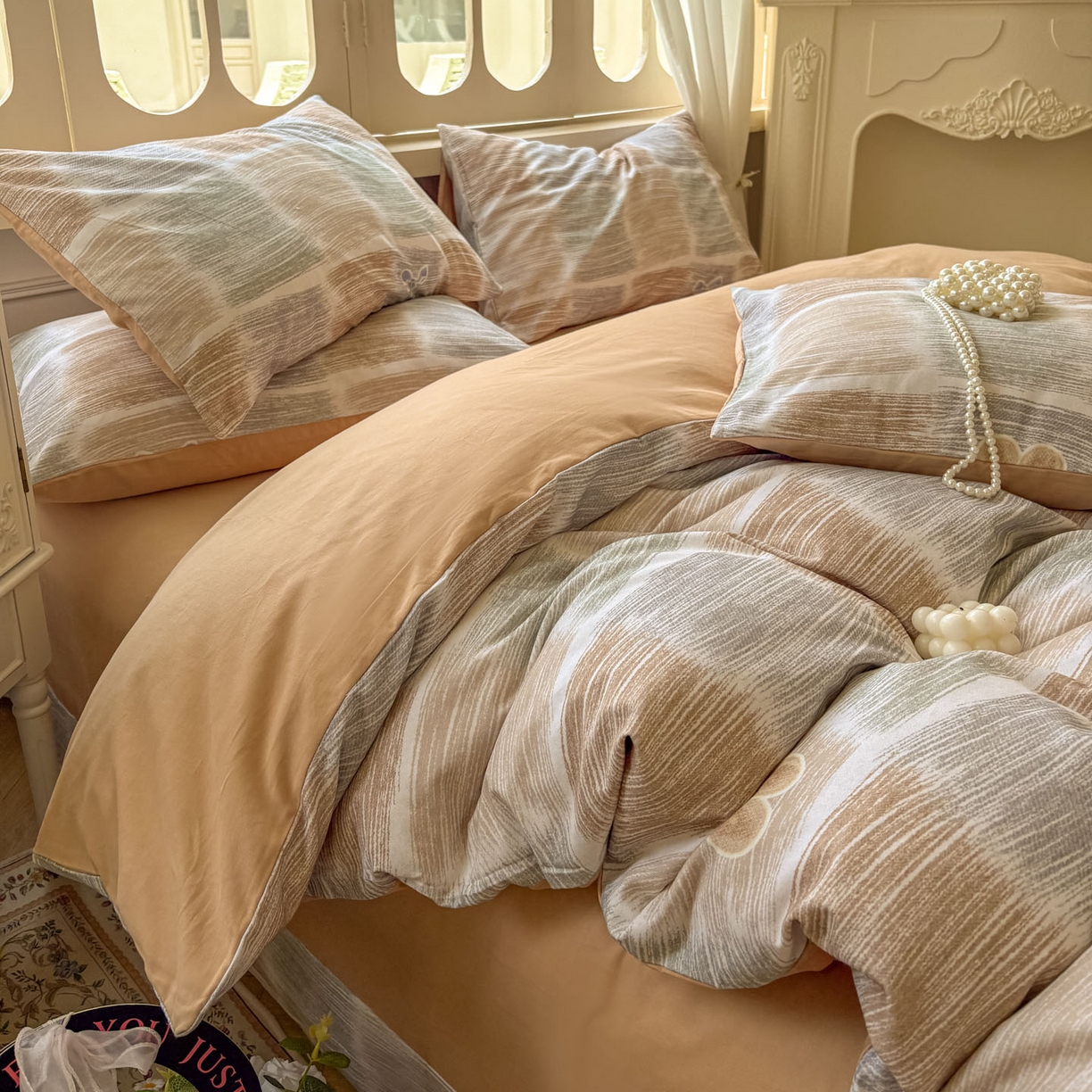 91家纺网 家纺一手货源 找家纺 田野 2025新款全棉13360加厚磨毛印花四件套 樱为你-桔