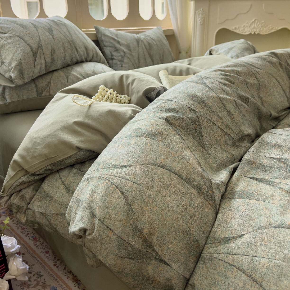 91家纺网 家纺一手货源 找家纺 田野 2025新款全棉13360加厚磨毛印花四件套 灼华-绿