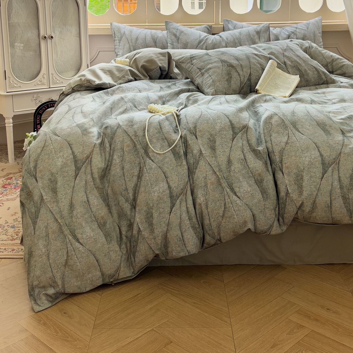 91家纺网 家纺一手货源 找家纺 田野 2025新款全棉13360加厚磨毛印花四件套 灼华-绿